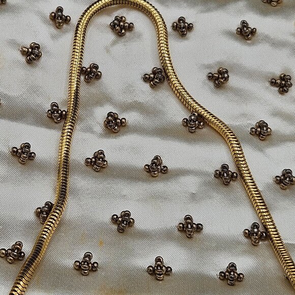 Vintage Gold Beaded Ivory Satin Evening Bag With Rhinestone Clasp & Chain Strap - Picture 8 of 8